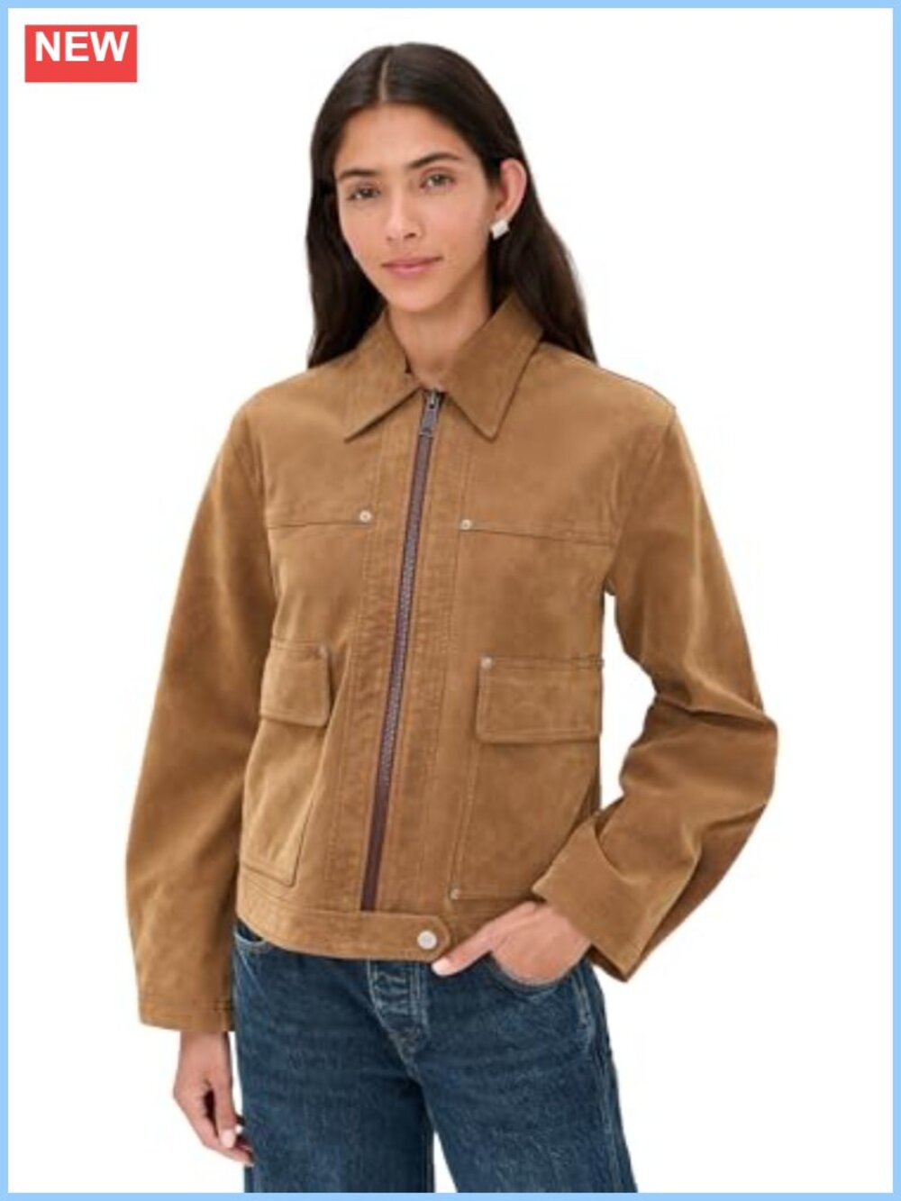 Faux Suede Aviator Jacket Snap Waist Flap Pockets Casual
